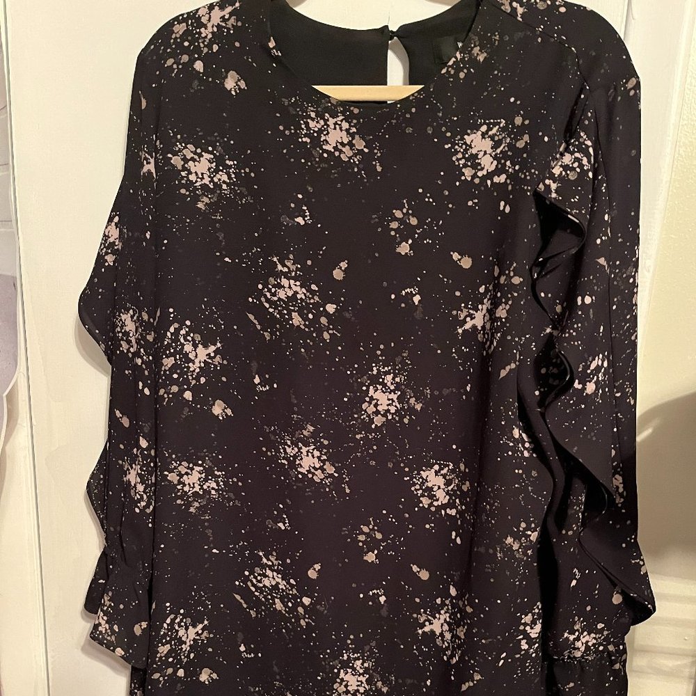 MISSIMO BLACK PRINT LONG SLEEVE RUFFLE DRESS SZ L